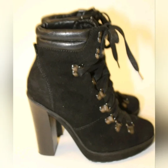 Coach Carol 7.5 Suede Lace Up High Heeled Lugg Soles Moto Ankle Boots - Picture 4 of 11